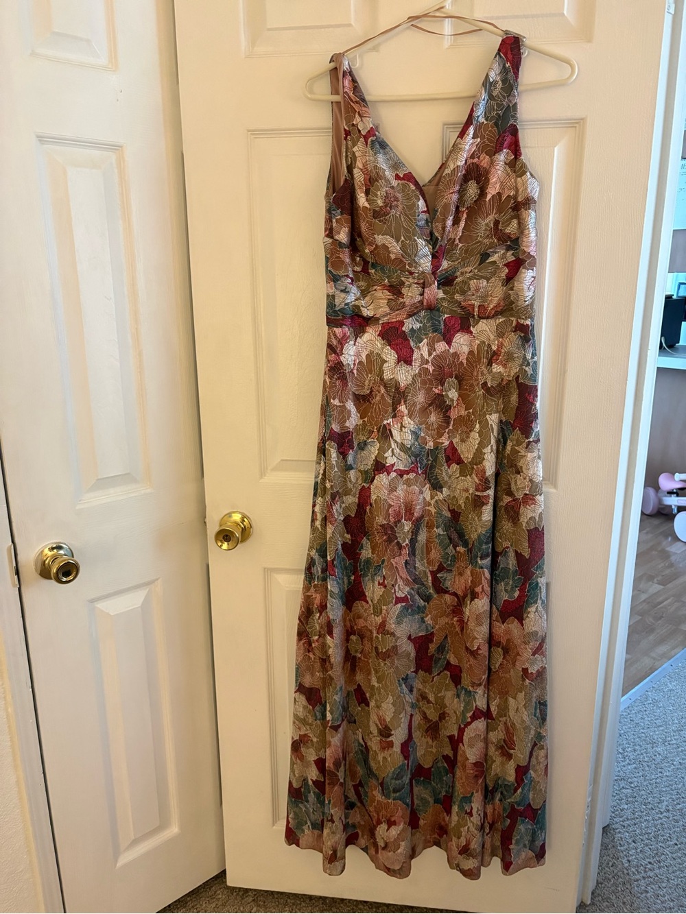 R&M Richards Floral V-Neck Maxi Dress in Burgundy, Gold, Blue, Green